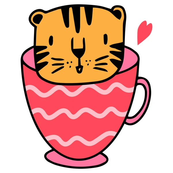 Нарисованный Вручную Милый Тигр Причудливая Иллюстрация Чашки — стоковый вектор