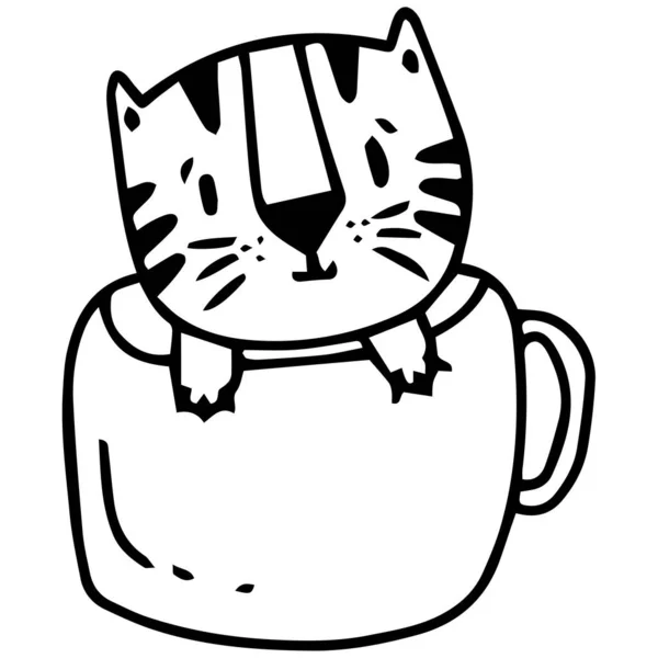 コーヒーマグカップの可愛い虎手描きのドアアートイラスト — ストックベクタ