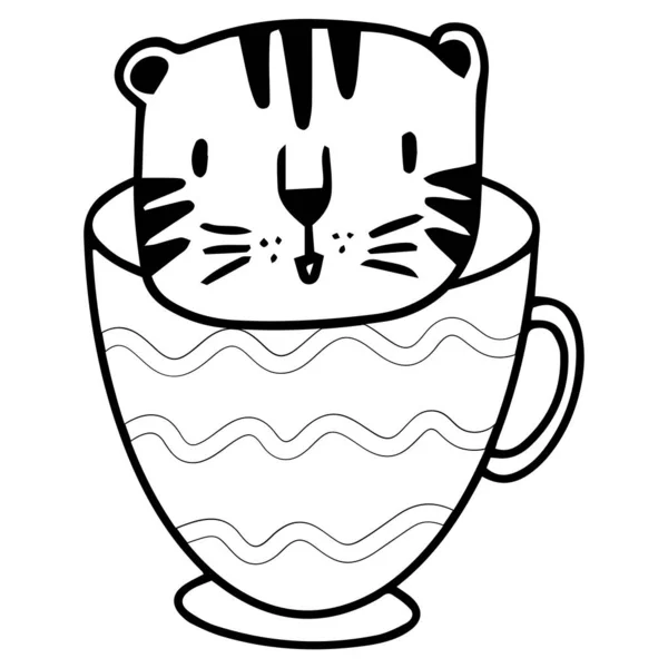 Tigre Bonito Caneca Café Chá Mão Copo Desenhado Doodle Arte —  Vetores de Stock