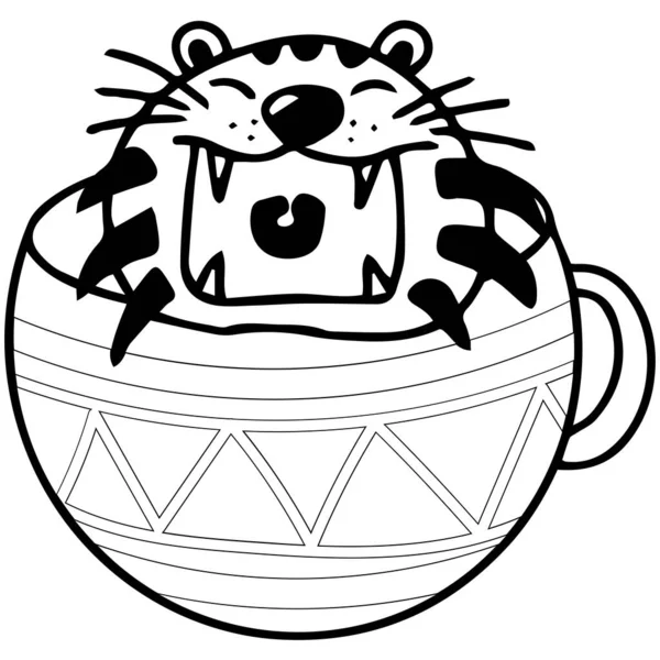 Tigre Bonito Caneca Café Chá Mão Copo Desenhado Doodle Arte —  Vetores de Stock