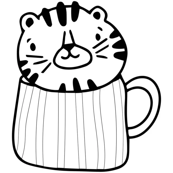 Милый Тигр Кофейной Кружке Чашка Чая Нарисованные Вручную Каракули Иллюстрации — стоковый вектор