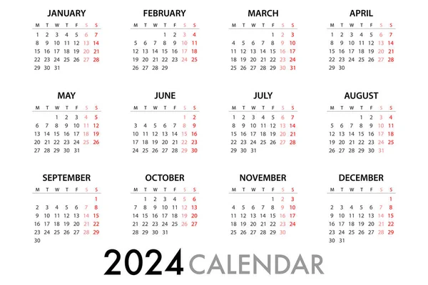 Calendar Planner 2024 Week Starts Monday — Vettoriale Stock