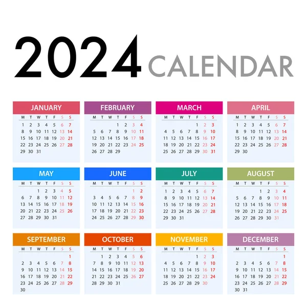 Calendar 2024 White Background Week Starts Monday — Stockvektor