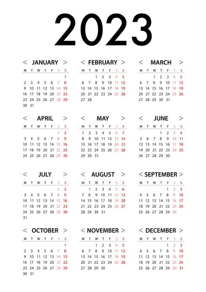 Calendar 2023 Week Starts Monday Simple Vector Graphic — Vector de stock