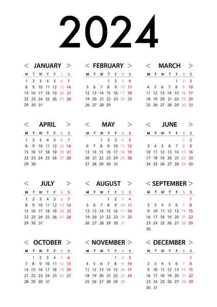 Calendar 2024 Week Starts Monday Simple Vector Graphic — Vettoriale Stock