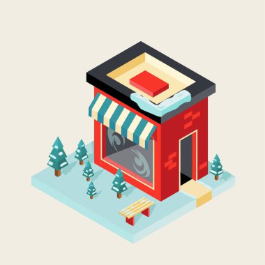 Kışın fast food satmak için küçük bir büfe. İzometrik vektör illüstrasyonu