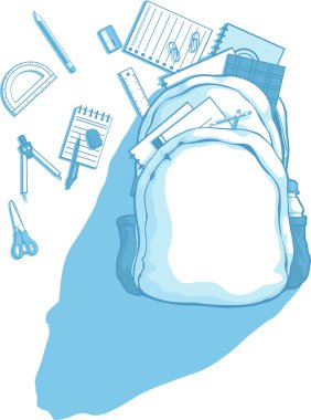 School Bag with School Supplies Scattered Around clipart