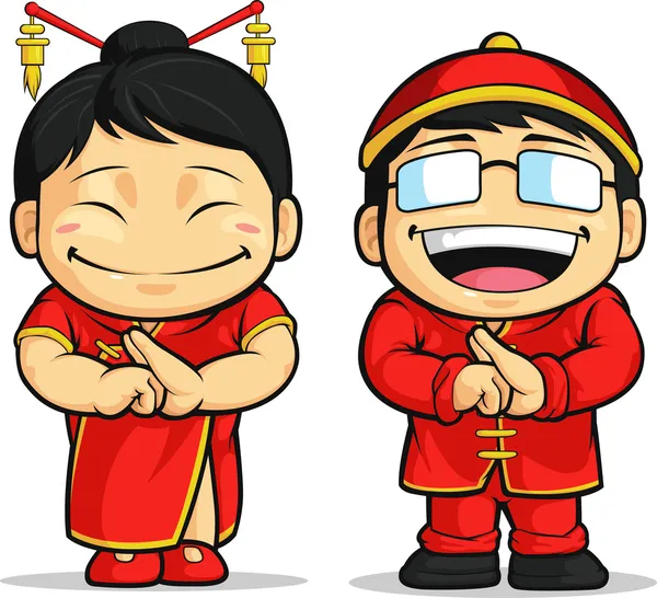 Cartoon van chinese jongen & meisje — Stockvector