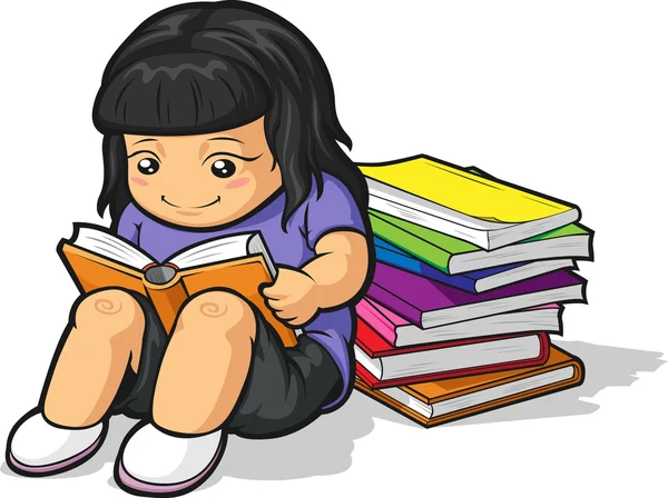 Desenhos animados de menina estudante estudando & Livro de leitura — Vetor de Stock