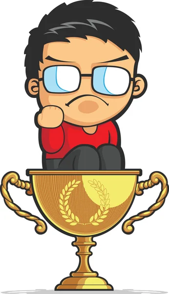 Niño haciendo éxito puño en trofeo de logro — Vector de stock