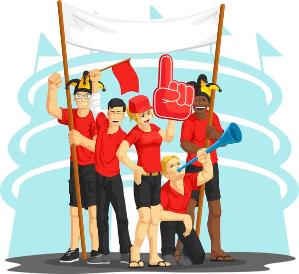 Ομάδα των οπαδών, ενθαρρυντικός με αφρό δάχτυλο, vuvuzela, σημαία & banner — Διανυσματικό Αρχείο