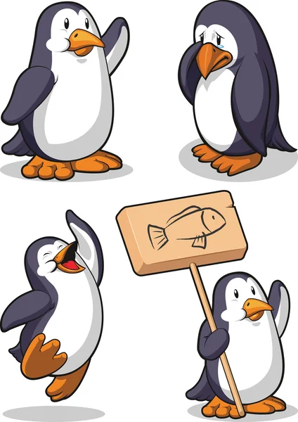 Pingüino en varias poses - Feliz, Triste, Saltando & Sostener la Señal — Vector de stock