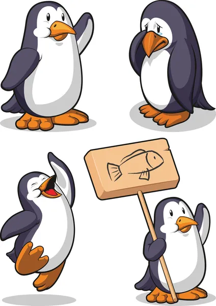 Penguin in Several Poses - Happy, Sad, Jumping & Holding Sign — Stock Vector