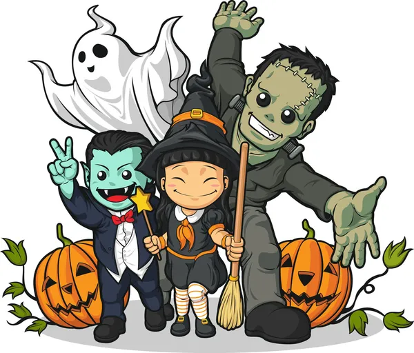 Sorcière, vampire, Frankenstein, fantôme et citrouille Salut Halloween — Image vectorielle