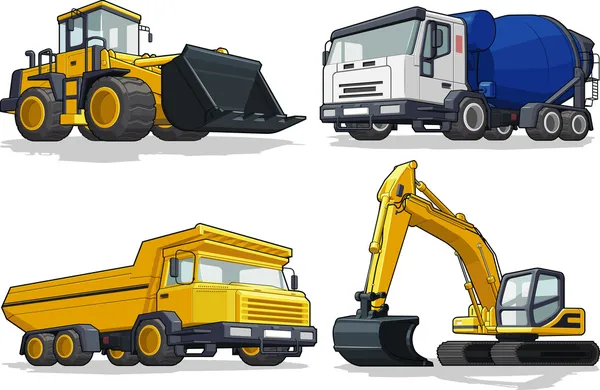 Machine de construction - bulldozer, camion de ciment, camion de transport et excavatrice — Image vectorielle