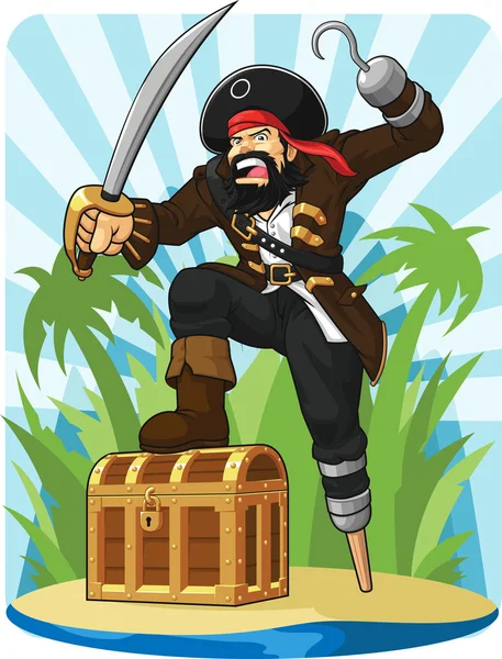 Pirata con su cofre del tesoro — Vector de stock