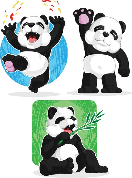 Panda Set - Happy, Waving Hand, Eating Bamboo — Stock Vector