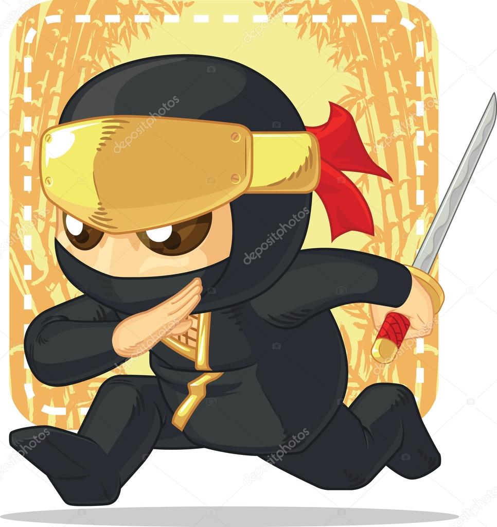 Desenho animado ninja posando e segurando uma espada