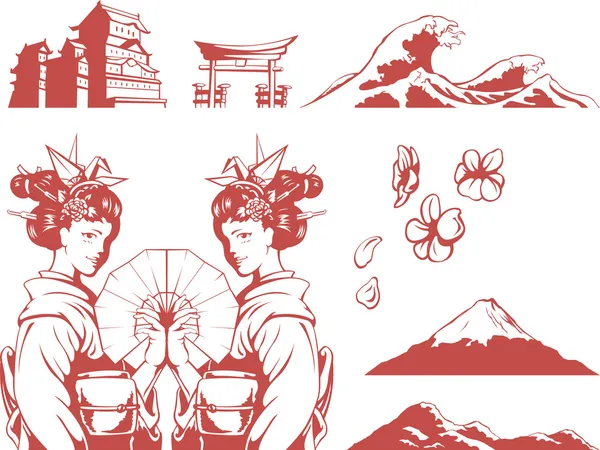 Japanese Set - Girl in Kimono, Sakura, Mountain, Castle — Stock Vector