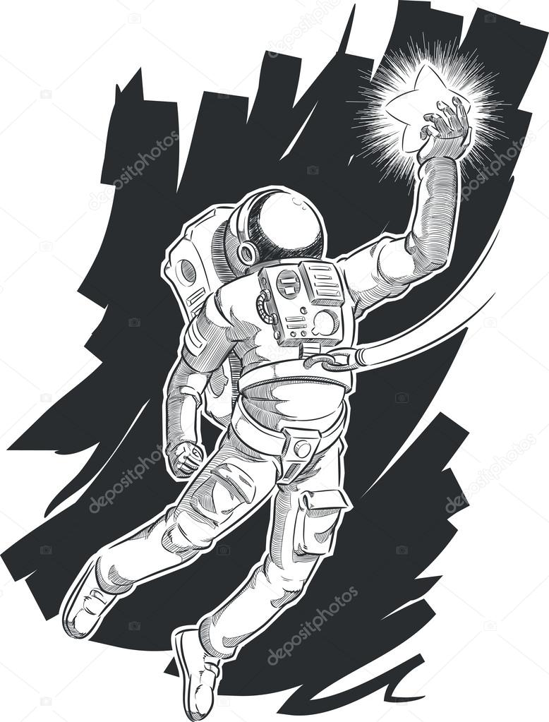 Sketch of Astronaut or Spaceman Grabbing a Star