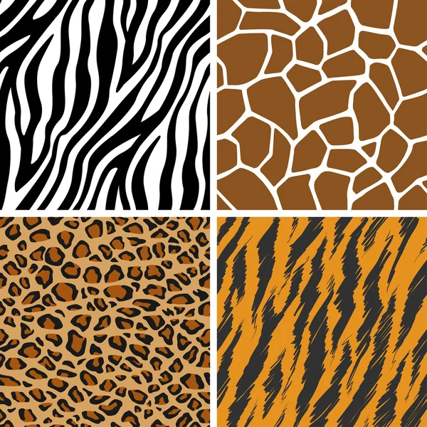 動物セット - キリン、ヒョウ、トラ、シマウマのシームレスなパターン — ストックベクタ