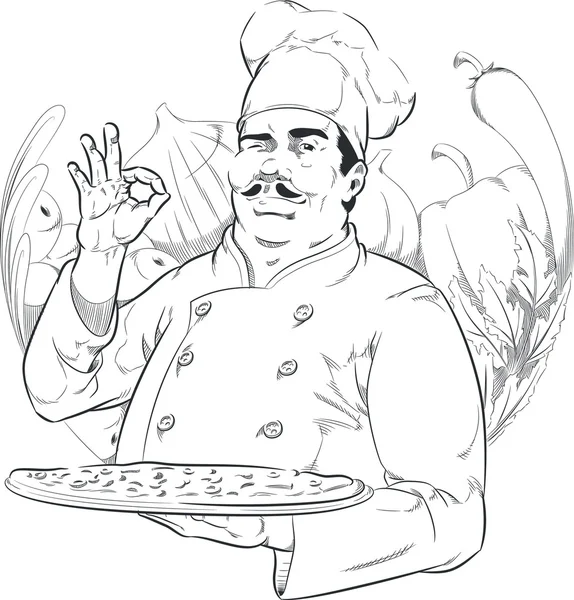 Bosquejo de Pizzeria Chef Holding Pizza Pan — Archivo Imágenes Vectoriales