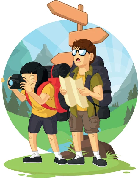 Dibujos animados de Backpacker Boy & Girl Disfrutando de las vacaciones — Vector de stock