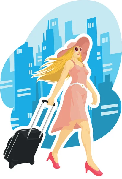 Žena cestovní ruch s městem pozadím — Stockový vektor