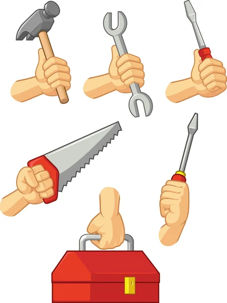 Hands Holding Hammer, Screwdriver, Wrench, Saw & Tool Box — Stock Vector