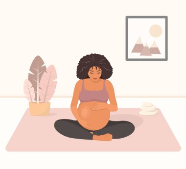 Hamile Afrikalı Amerikalı kadın yoga ve meditasyon yapıyor. Annelik kavramı, sağlık hizmeti. Çizgi film düz stili. Vektör illüstrasyonu