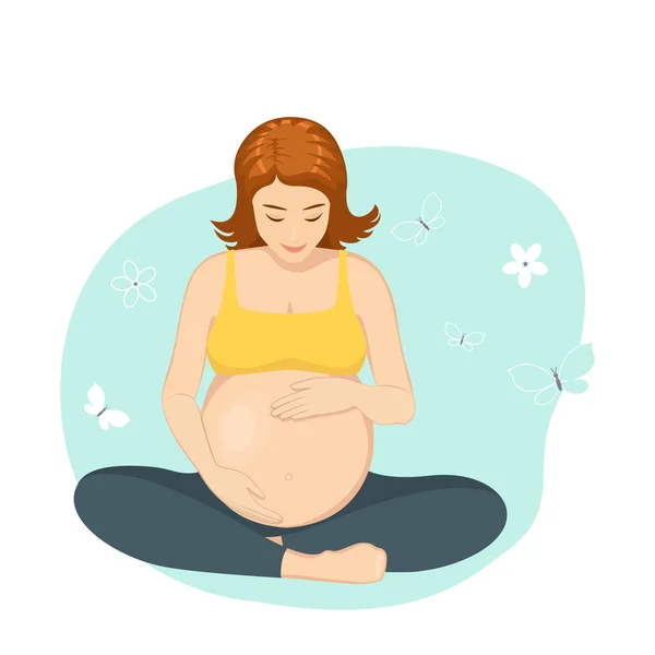 Mujer Embarazada Sobre Fondo Azul Embarazo Concepto Maternidad Estilo Plano — Vector de stock