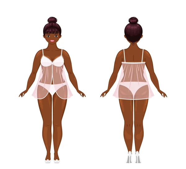 Young African American Woman Dressed Elegant Sexy Lingerie Cartoon Flat — Stock vektor