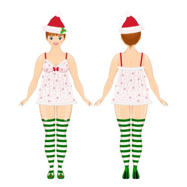 Noel iç çamaşırı giymiş genç ve güzel bir kadın. Ön ve arka manzara. Vektör çizimi. Çizgi film düz stili