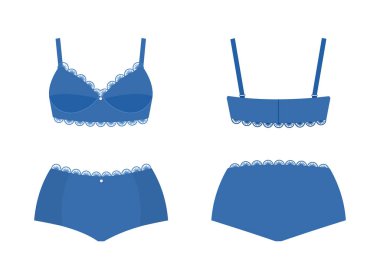 Beyaz arka planda izole edilmiş zarif kadın iç çamaşırı seti. Ön ve arka manzara. Vektör çizimi. Çizgi film düz stili