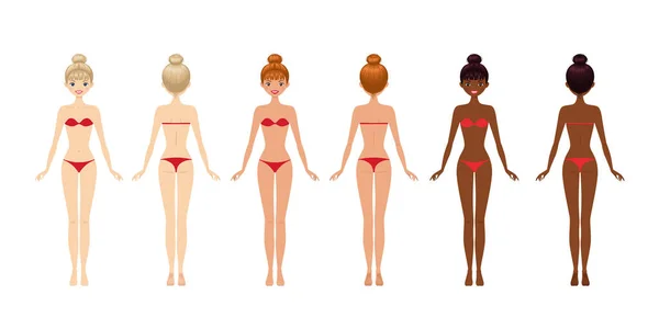 Leuke Jonge Vrouwen Met Verschillende Gekleurde Huid Witte Achtergrond Cartoon — Stockvector