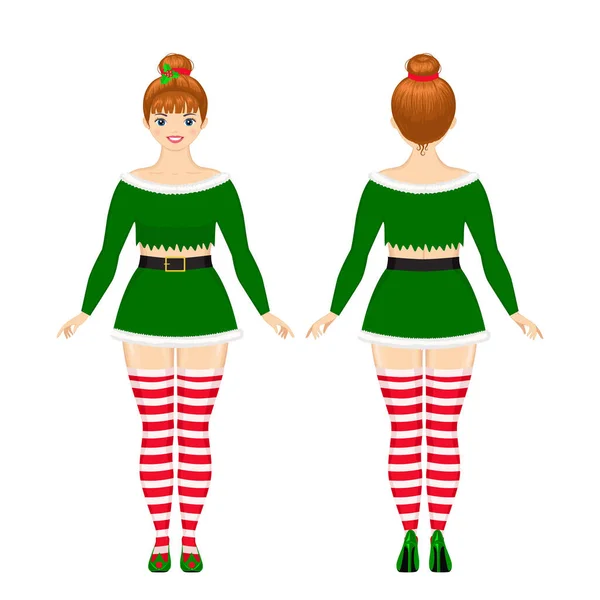 Jovem Vestida Com Traje Natal Vista Frontal Traseira Desenhos Animados — Vetor de Stock