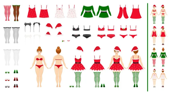 Nette Junge Frau Groß Weihnachtsunterwäsche Gekleidet Vorder Und Rückansichten Körper — Stockvektor