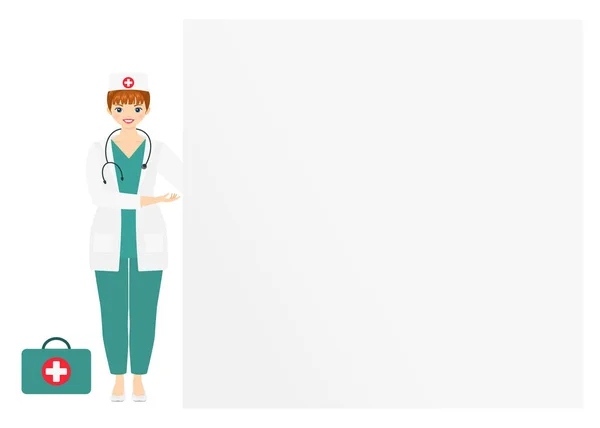 Cute Woman Medicine Uniform Pointing Blank Board Copy Pace Cartoon — Stockvektor