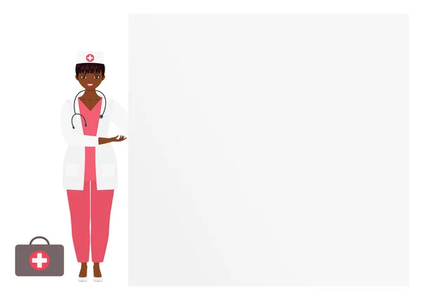 Femme Afro Américaine Mignonne Uniforme Médecine Pointant Vers Tableau Blanc — Image vectorielle