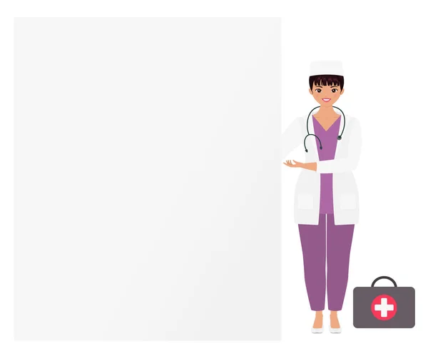 Cute Asian Woman Medicine Uniform Pointing Blank Board Copy Space — Stockvektor