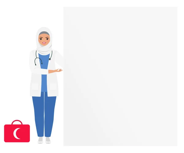 Mignonne Femme Musulmane Uniforme Médecine Pointant Vers Tableau Blanc Espace — Image vectorielle