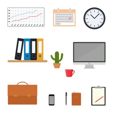 Beyaz arka planda izole edilmiş evrak çantası ve işyeri. Vektör çizimi. Çizgi film düz stili