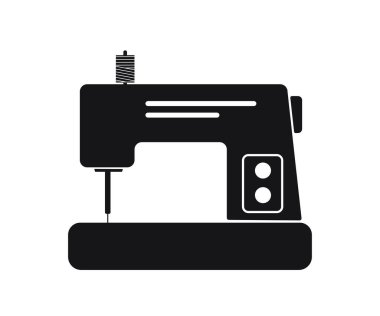 Dikiş makinesi beyaz arka planda izole edilmiş. Siyah siluet. Vektör çizimi. Çizgi film düz stili