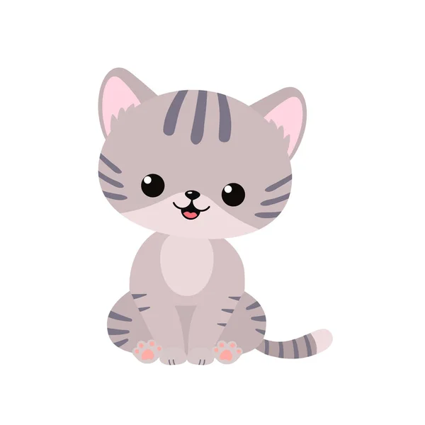 Cute Szary Kot Kawaii Siedzi Odizolowany Białym Tle Kreskówkowy Płaski — Wektor stockowy
