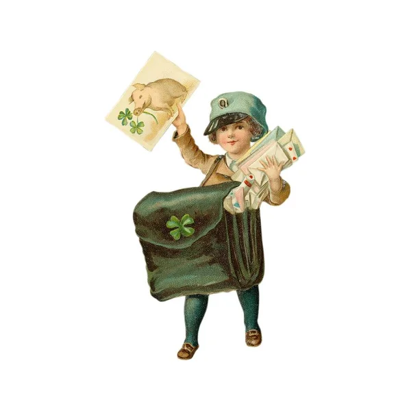 День Святого Патрика. Симпатичная девушка в ирландском костюме. Винтажная открытка — стоковое фото