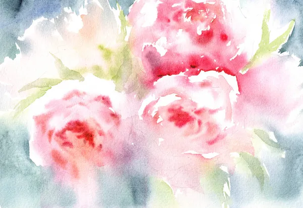 Watercolor Illustration Blooming Pink Roses Light Blue Watercolor Blurred Background — Stock Photo, Image