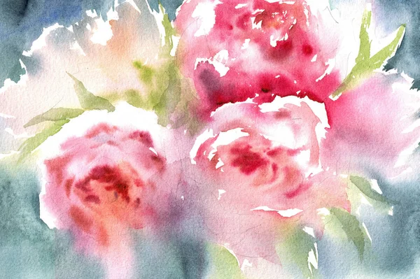 Ilustración Acuarela Rosas Rosadas Florecientes Sobre Fondo Borroso Acuarela Azul — Foto de Stock