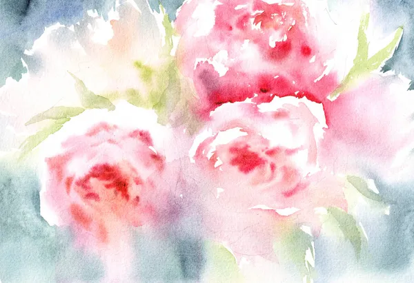 Akvarell Illusztráció Virágzó Rózsaszín Rózsák Világoskék Akvarell Elmosódott Háttér Stock Kép