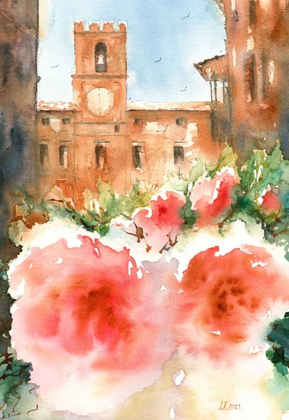 Akvarell Illusztráció Egy Középkori Város Központi Városháza Körül Háttérben Virágok Stock Kép