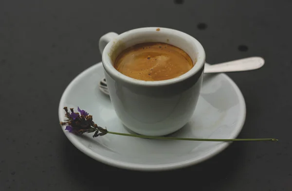 Bir fincan kahve ve lavanta çiçeğinin yanında duran bir fincan çay tabağı. 
